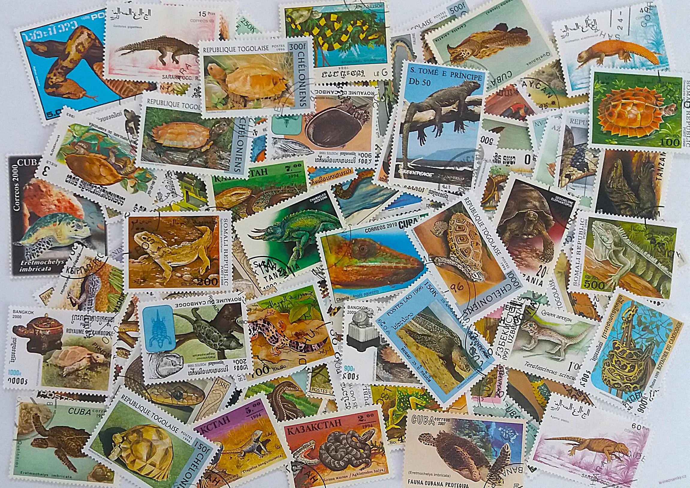 Balíček známek - plaz, hadi, želvy - 100 ks
