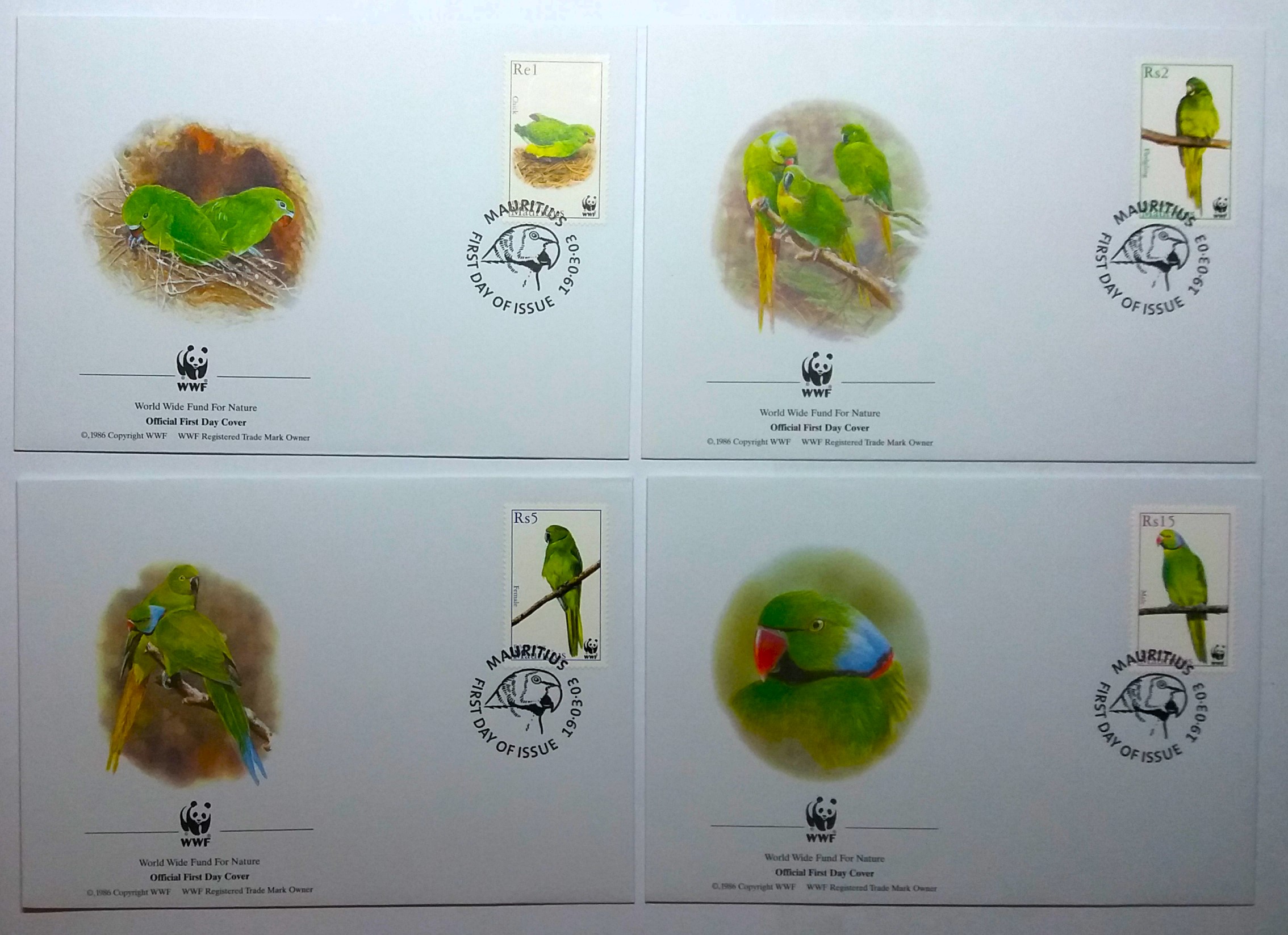 Sada FDC Mauritius - papoušci WWF