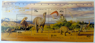 Aršík Austrálie - dinosauři, přetisk Stamp,coin show Sydney